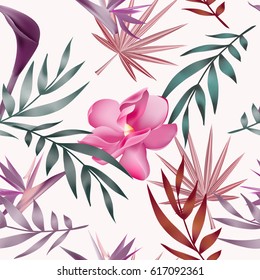 Tropical flowers, jungle leaves, bird of paradise flower. Beautiful seamless vector floral pattern background, exotic print