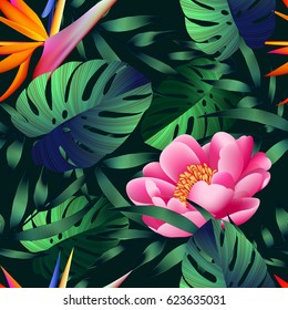 Tropical flowers, jungle leaves, bird of paradise flower. Beautiful seamless vector floral pattern background, exotic print