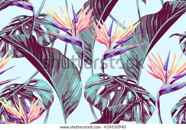 Tropical flowers, jungle leaves, bird of paradise flower. Beautiful seamless vector floral pattern background, exotic print