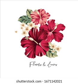 Tropical flowers, jungle leaves, hibiscus, flower. Exotic illustrations, floral elements isolated artwork for tattoo, fabrics, souvenirs, packaging, greeting cards and scrapbooking.