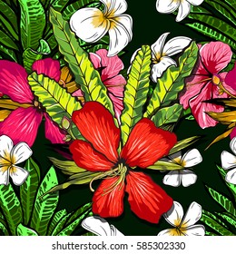 Tropical flowers, jungle leaves, paradise flower. Beautiful seamless vector floral pattern background, exotic print.