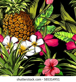 Tropical flowers, jungle leaves, paradise flower. Beautiful seamless vector floral pattern background, exotic print.