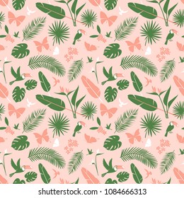 Tropical flowers, jungle palm leaves, paradise tropical humming birds and toucans. Beautiful seamless vector floral pattern background, exotic print. Flat style Hygge design: pink, white, green