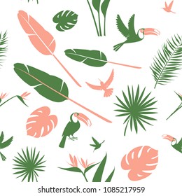 Tropical flowers, jungle palm leaves, paradise tropical humming birds and toucans. Beautiful seamless vector floral pattern background, exotic print. Flat style Hygge design: pink, white, green
