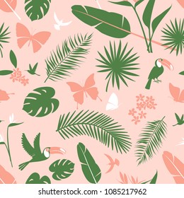 Tropical flowers, jungle palm leaves, paradise tropical humming birds and toucans. Beautiful seamless vector floral pattern background, exotic print. Flat style Hygge design: pink, white, green