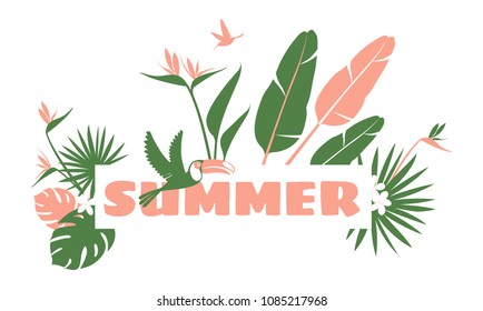 Tropical flowers, jungle palm leaves, paradise tropical humming birds and toucans. Vector floral pattern background Frame border, exotic print. Flat style Boho design: pink, white, green