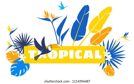 Tropical flowers, jungle palm leaves, paradise tropical humming birds and toucans. Vector floral pattern background Frame border, exotic print. Flat style Boho design: white, yellow, blue