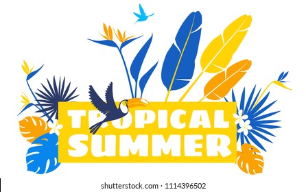 Tropical flowers, jungle palm leaves, paradise tropical humming birds and toucans. Vector floral pattern background Frame border, exotic print. Flat style Boho design: white, yellow, blue
