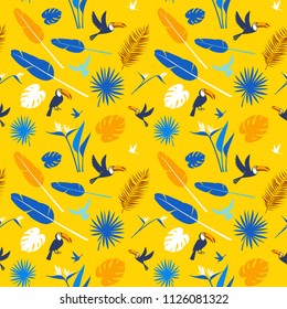 Tropical flowers, jungle palm leaves, paradise tropical humming birds and toucans. Beautiful seamless vector floral pattern background, exotic print. Flat style Hygge design: yellow, white, blue