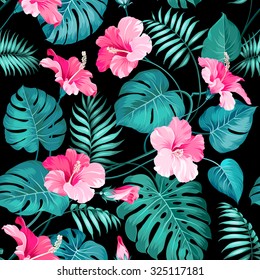 Tropical flowers and jungle palms. Seamless texture. Vector illustration.