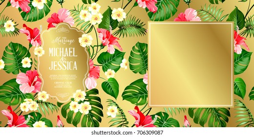 Tropical flowers label for wedding card. Red hibiscus with text label isolated over golden background. Vector illustration.