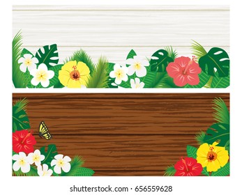 Tropical flowers and leaf banner set