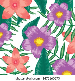 tropical flowers and leafs plants pattern background