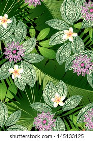 Tropical flowers and leaves.