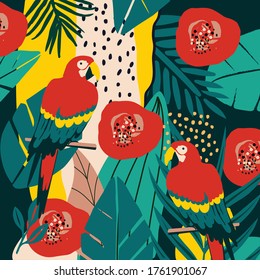 Tropical flowers and leaves background with parrots. Colorful summer vector illustration design. Exotic tropical art print for travel and holiday, fabric and fashion