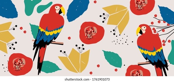 Tropical flowers and leaves background with parrots. Colorful summer vector illustration design. Exotic tropical art print for travel and holiday, fabric and fashion