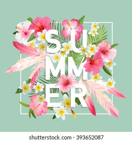 Tropical Flowers and Leaves Background. Summer Design. Vector. T-shirt Fashion Graphic. Exotic.