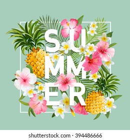 Tropical Flowers and Leaves Background. Summer Design. Vector. T-shirt Fashion Graphic. Exotic.