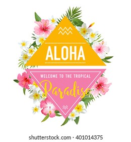Tropical Flowers and Leaves Background. Summer Design. Vector. T-shirt Fashion Graphic.