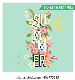 Tropical Flowers and Leaves Background. Summer Design. Vector. T-shirt Fashion Graphic.