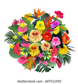 Tropical Flowers and Leaves Background. Summer Design. Vector. T-shirt Fashion Graphic. Exotic.