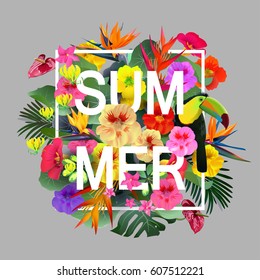 Tropical Flowers and Leaves Background. Summer Design. Vector. T-shirt Fashion Graphic. Exotic.