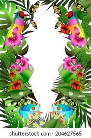 Tropical flowers and leaves and beautiful bird, frog and butterfly. Floral design background. Bright color vibrant illustration, VECTOR