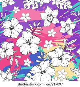 Tropical flowers and leaves black and white sketches on abstract colorful background. Vector seamless pattern. 