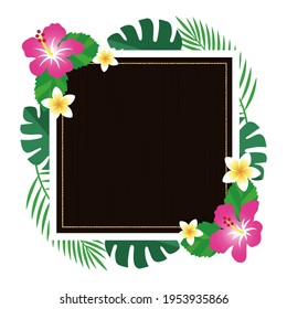 Tropical flowers and leaves, botanical. Gorgeous background decoration, square. Label material