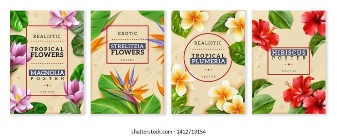 Tropical flowers and leaves bouquet vertical posters. Isolated exotic foliage in realistic retro vintage style. Vector