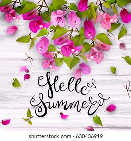 Tropical flowers, leaves, buds and petals on white wood. Floral seasonal background with lettering. Vector illustration of EPS10