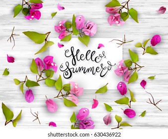 Tropical flowers, leaves, buds and petals on white wood. Floral seasonal background with lettering. Vector illustration of EPS10