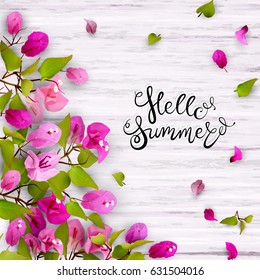 Tropical flowers, leaves, buds and petals on white wood. Floral seasonal background with lettering. Vector illustration of EPS10