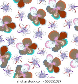Tropical flowers, leaves and buds. Vector multicolored hibiscus pattern a white background.