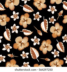 Tropical flowers, leaves and buds. Vector multicolored hibiscus pattern a black background.