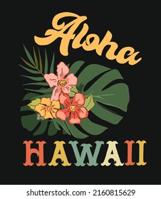 Tropische Blumen und Blätter Komposition mit dem Schreiben von Aloha Hawaii. Farbige Vektorgrafik im Vintage-Stil.