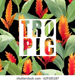 Tropical Flowers and Leaves Exotic Background. Vector Banner. T-shirt Graphic Design