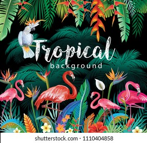 Tropical Flowers Leaves Flamingoes and Parrots