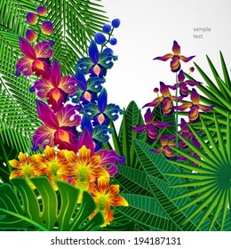 Tropical flowers and leaves. Floral design background.