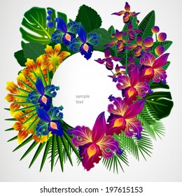 Tropical flowers and leaves. Floral design background.