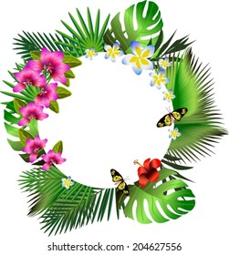 Tropical flowers and leaves. Floral design background. Bright color vibrant illustration, VECTOR