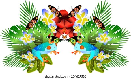 Tropical flowers and leaves. Floral design background. Bright color vibrant illustration, VECTOR