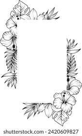 Tropical flowers and leaves frame. sketch of tropical flowers and leaves