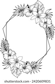 Tropical flowers and leaves frame. sketch of tropical flowers and leaves