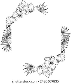 Tropical flowers and leaves frame. sketch of tropical flowers and leaves