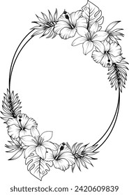 Tropical flowers and leaves frame. sketch of tropical flowers and leaves