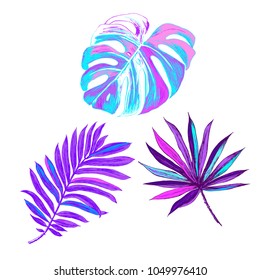 Tropical flowers and leaves on the background. Set of hand-drawn tropical plants. For wedding invitations, cards greetings and other