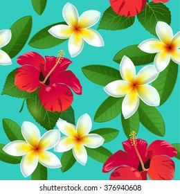 Tropical flowers and leaves on background. Seamless. Vector.