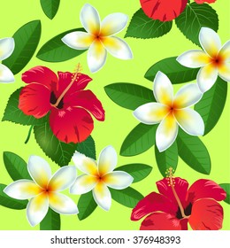 Tropical flowers and leaves on background. Seamless. Vector.