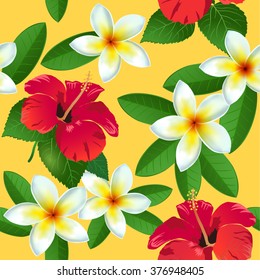 Tropical flowers and leaves on background. Seamless. Vector.
